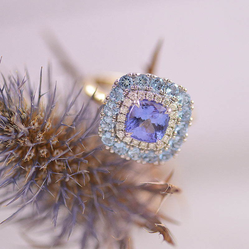 Tanzanite, Aquamarine and Diamond Ring