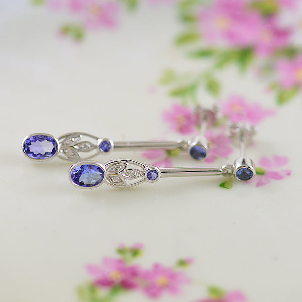 9ct White Gold Tanzanite and Diamond Drop Stud Earrings