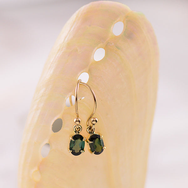 9ct Yellow Gold Claw Set Green Tourmaline Drop Hook Earrings