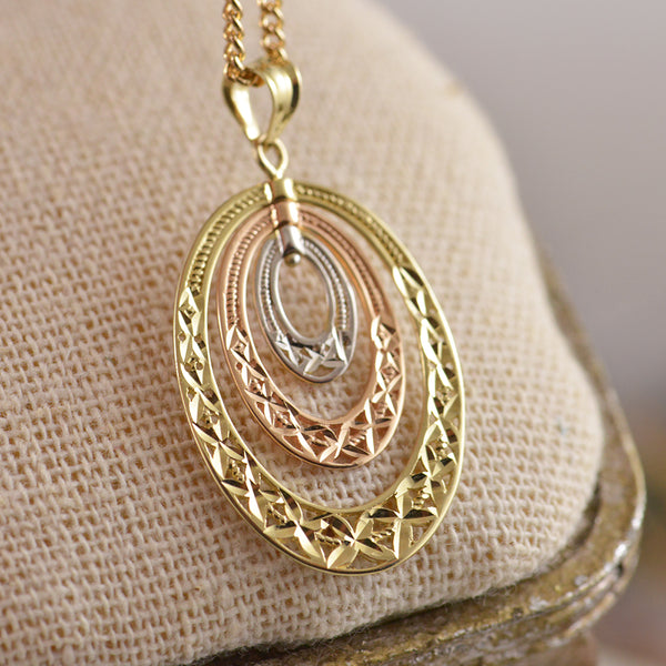 Tri Colour 9ct Gold Triple Oval Engraved Pendant