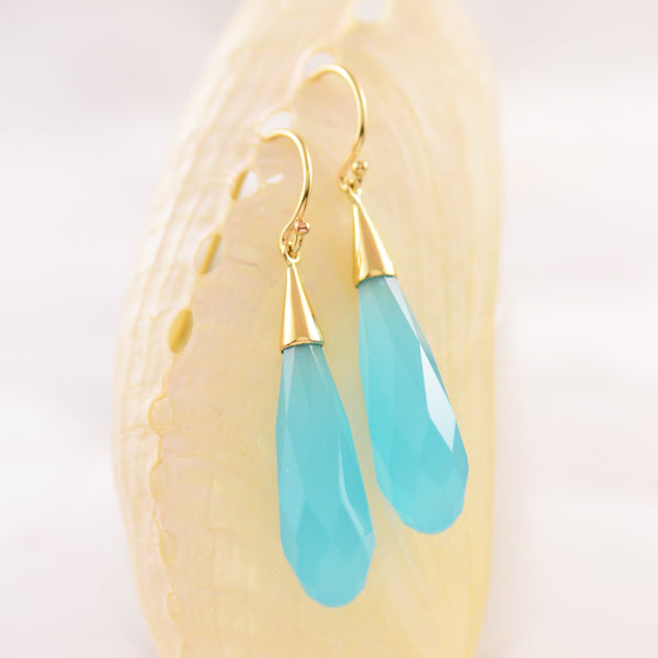 9ct Yellow Gold Briolette Turquoise Obsidian Hook Drop Earrings