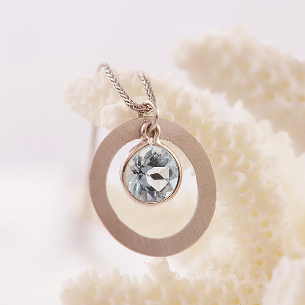 9ct White Gold Matte Flat Open Circle Disc Blue Topaz Pendant on Chain