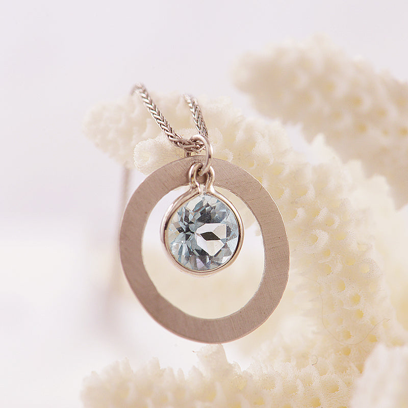 9ct White Gold Matte Flat Open Circle Disc Blue Topaz Pendant on Chain