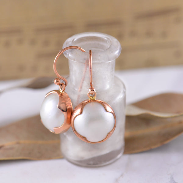 White Mabe Fresh Water Pearl 9ct Rose Gold Drop Earrings