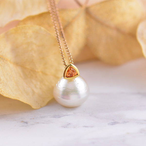 Yellow Gold South Sea Pearl and Spessartite Garnet Pendant