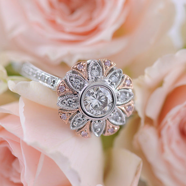 White and Rose Gold Diamond Flower Ring