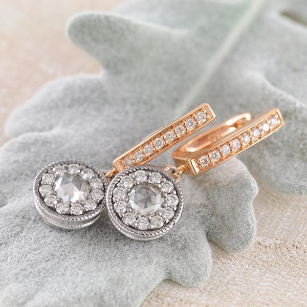 Rose-Cut Diamond Huggie Earrings set in 18k Rose & White Gold