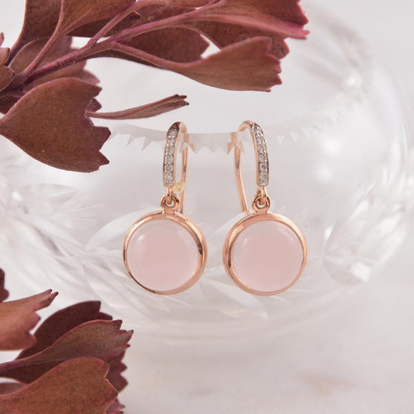 9ct Rose Gold Rose Quartz and Diamond Drop Earrings