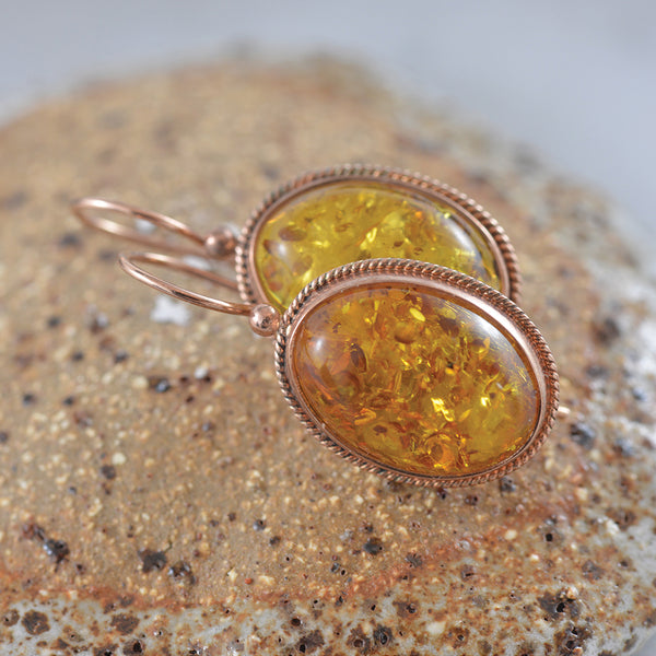 9k Rose Gold Rope Bezel set Amber Earrings