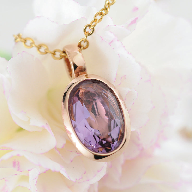 Amethyst Large Oval Faceted Pendant - Rose Gold Plated Sterling Silver.