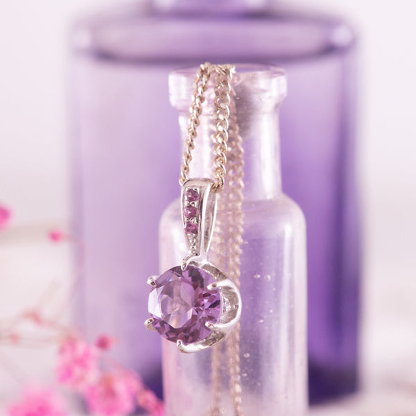 Sterling Silver and Rhodium Plated Round Pendant with Amethyst