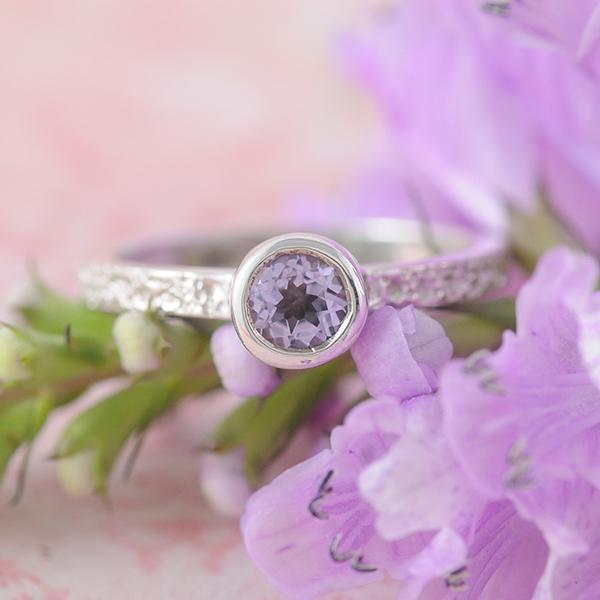 Amethyst Stacking Ring with Dot Textured band in Sterling Silver