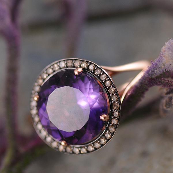 Amethyst and Champagne Diamond Ring in 14K Rose Gold