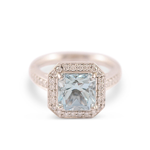 Aquamarine and Diamond 18k White Gold Halo Ring