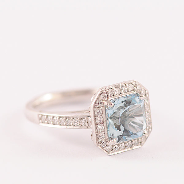 Aquamarine and Diamond 18k White Gold Halo Ring