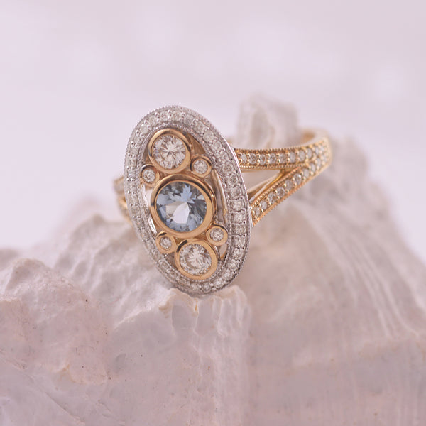 9k Yellow and White Gold Diamond and Aquamarine Ring