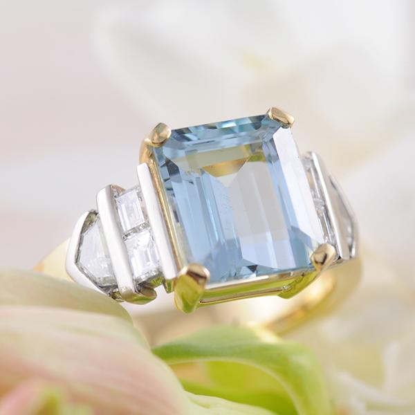Aquamarine Emerald Cut and Diamond Ring