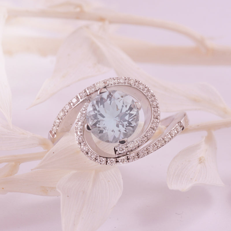 Aquamarine and Diamond Swirl 9K White Gold Ring