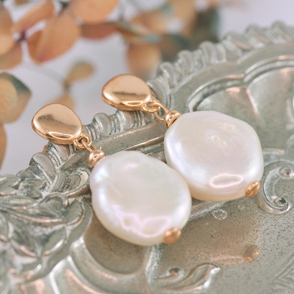 Rose Gold Plated Baroque White Ming Pearl Earrings
