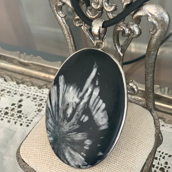 Sterling Silver Chrysanthemum Oval Stone Pendant