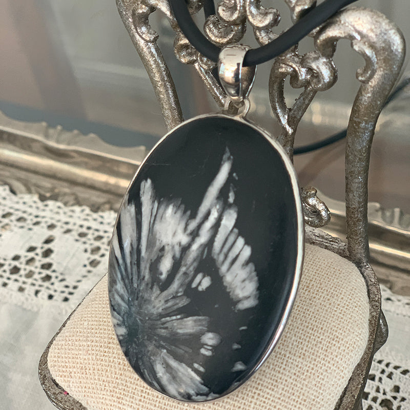 Sterling Silver Chrysanthemum Oval Stone Pendant