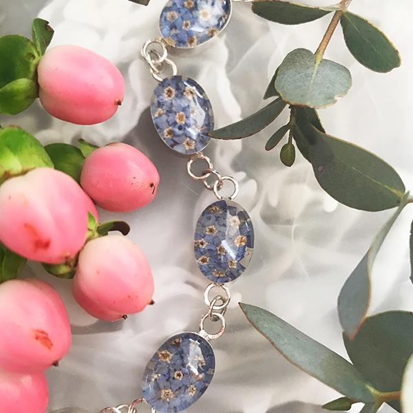 Blue Flower Sterling Silver Oval Bracelet with Enamel