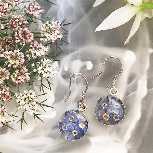 Blue Flower Sterling Silver Round Earrings with Enamel