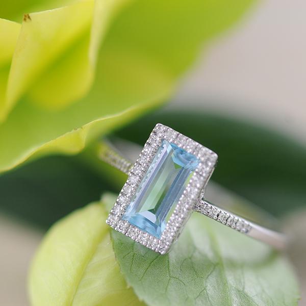Blue Topaz and Diamond Ring Emerald Cut Halo in 9ct White Gold