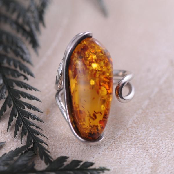 Brown Amber Adjustable Sterling Silver Ring with Swirl Edging