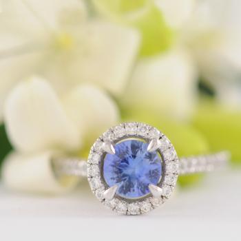 Ceylon Sapphire and Diamond Halo White Gold Ring