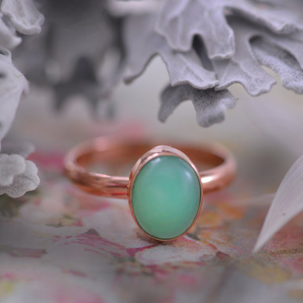 Chrysophrase Rose Gold 9K Oval Bezel Set Ring
