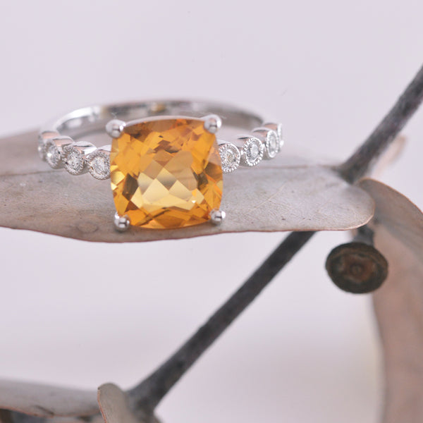 9k White Gold Citrine and Diamond Ring