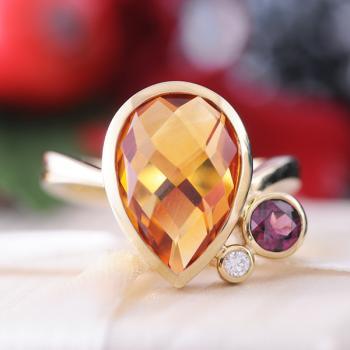 Citrine, Garnet & Diamond Ring set in 9k Yellow Gold