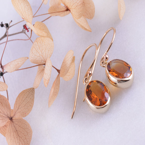 9k Yellow Gold Oval Citrine Drop Earrings