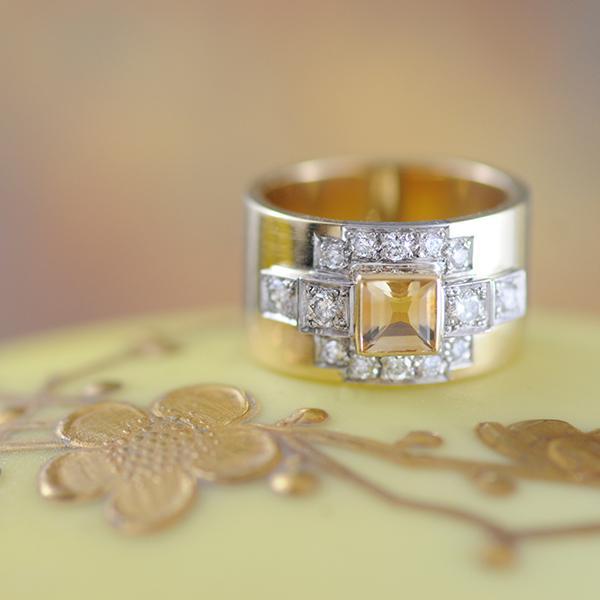Citrine Princess Cut and Diamond Wide Band Ring in Yellow Gold