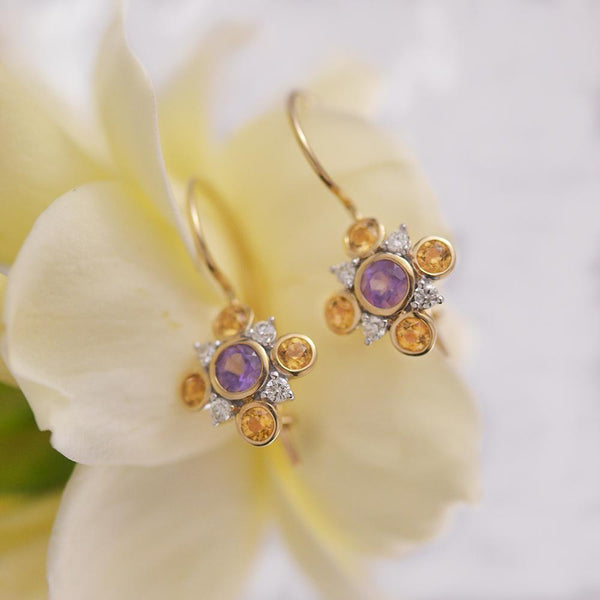 9ct Yellow Gold Citrine, Amethyst and Diamond Drop Earrings