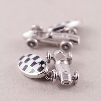 Cuff Links - Silver Car Racer with Black & White Enamel and Nicole Bar