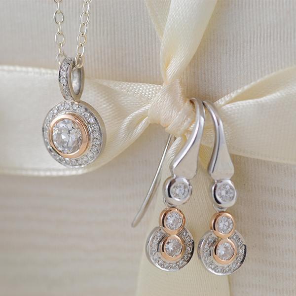 Diamond Halo Bezel Earrings and Pendant in White and Rose Gold