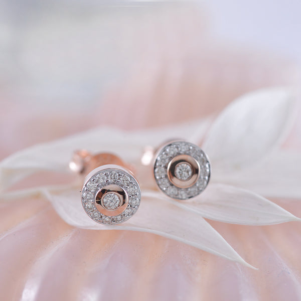 Rose Gold Bezel Set with Halo Diamond Stud Earrings