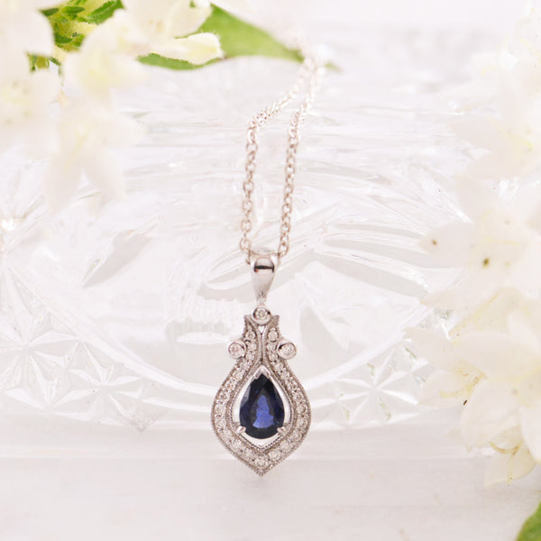 9ct White Gold Sapphire and Diamond Pear Cut Pendant