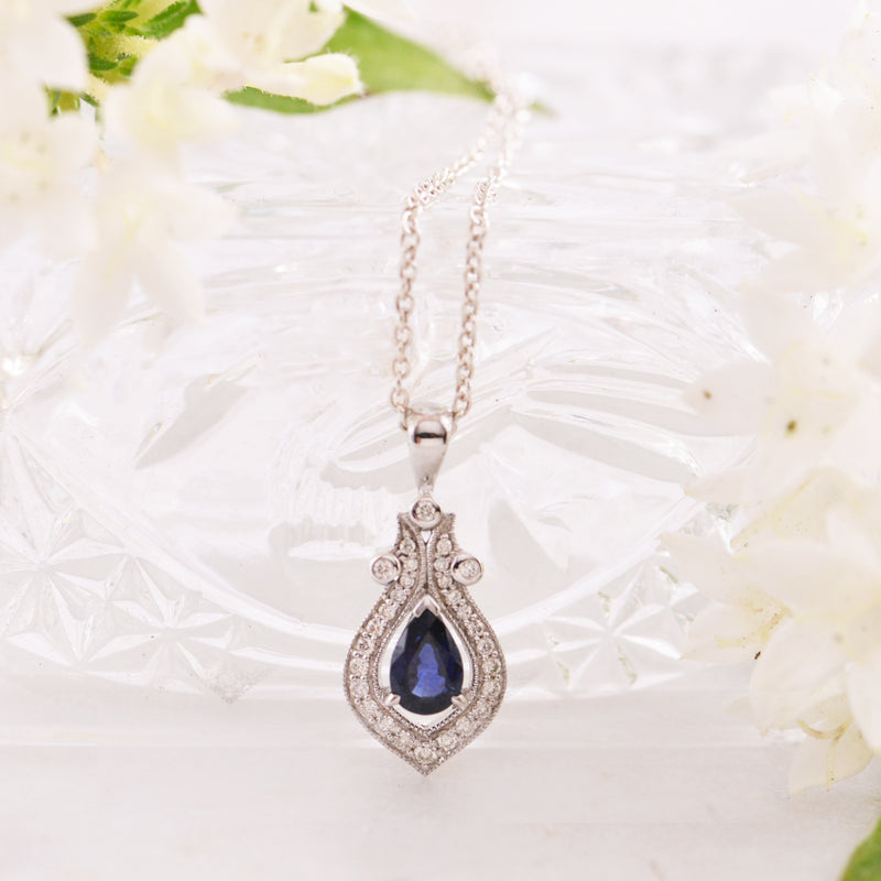 9ct White Gold Sapphire and Diamond Pear Cut Pendant