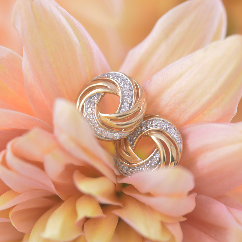 Diamond Swirl Style Stud Earrings in 9ct Yellow and White Gold