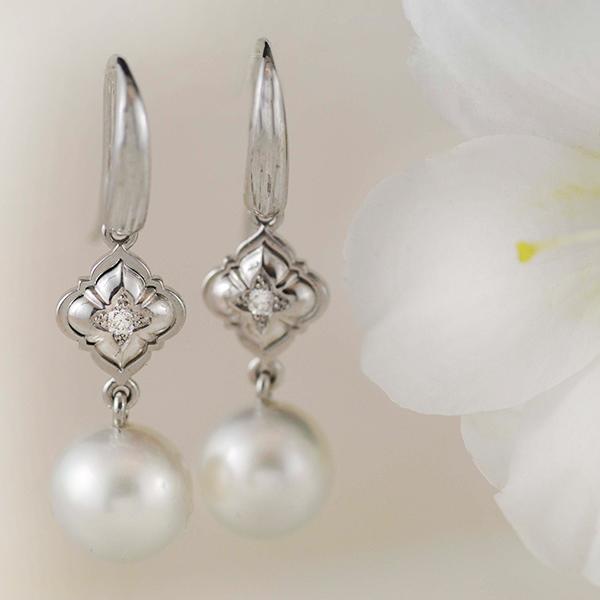 Diamond and Pearl Drop Earrings in White Gold