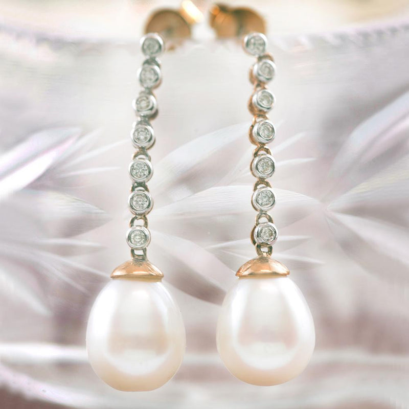 Rose Gold Diamond and Pearl Drop Earrings