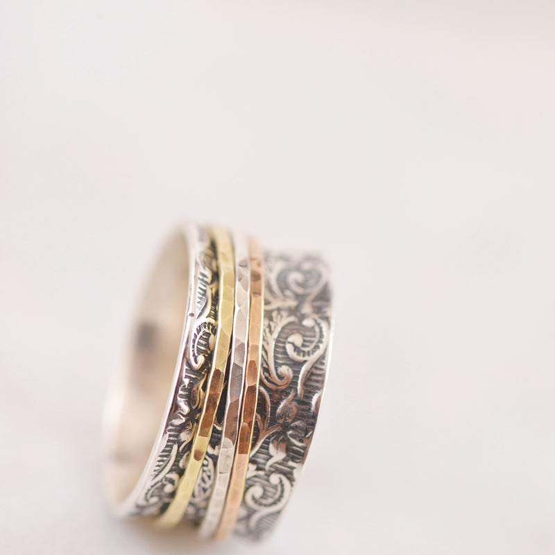Floral Embossed Sterling Silver Ring with TriTone Spinners