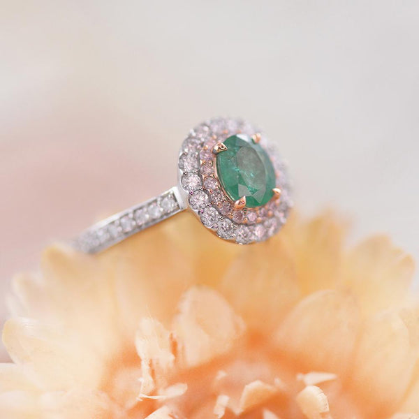 18ct White and Rose Gold Ring with Emerald, White and Pink Diamonds