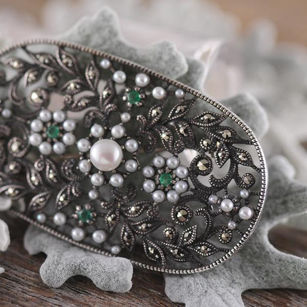 Emerald Marcasite & Seed Pearl Pendant/Brooch