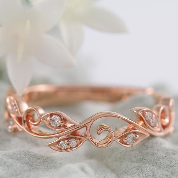 Filigree Leaf Diamond Ring in 9ct Rose Gold