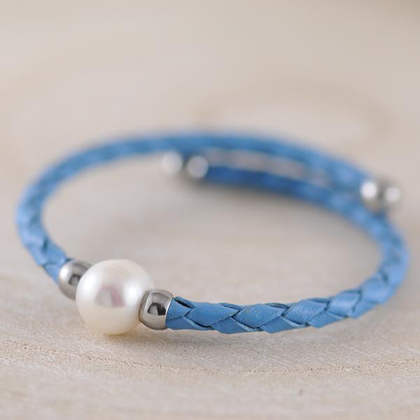 Fresh Water Pearl Blue Leather Bracelet with Stainless Steel