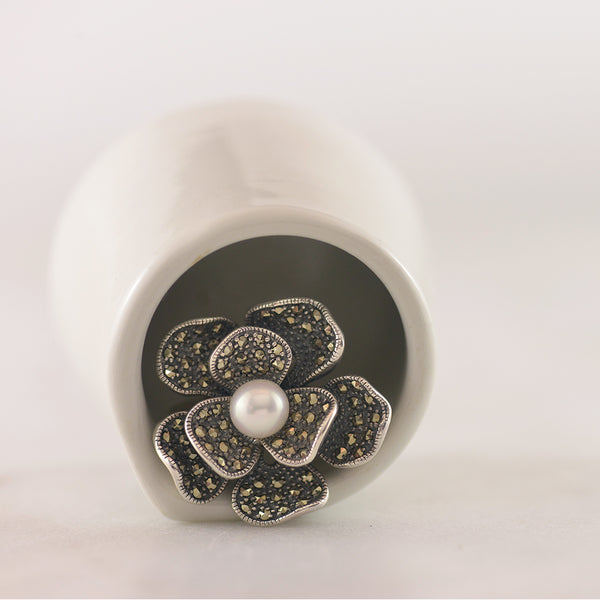 Freshwater Pearl and Marcasite Flower Ring